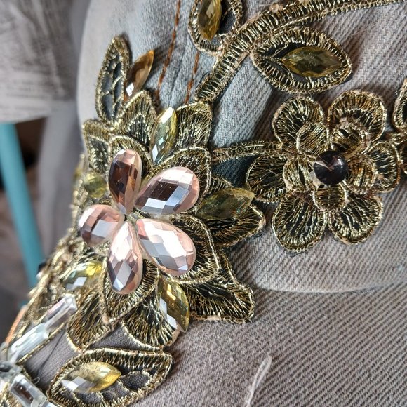 Natalie Mills Flora Rhinestone Baseball Cap Women's Hat Gray Distressed Denim - Picture 4 of 12